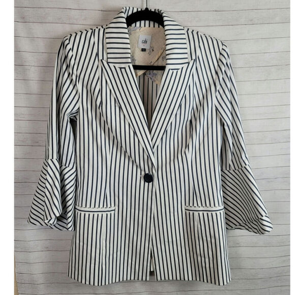 CAbi Ticking Stripe Bell-sleeve Blazer in Black/White, sz 4 - Picture 1 of 14